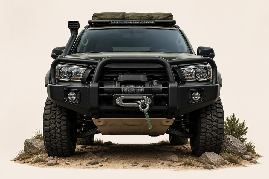 Heavy-duty bull bar and winch on a four-wheel drive