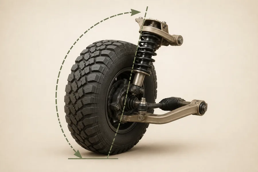 Off-road wheel and suspension showing caster angle
