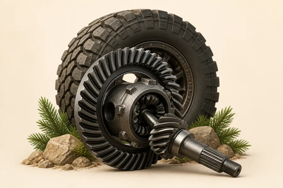 Differential ring gear and pinion beside an off-road tire