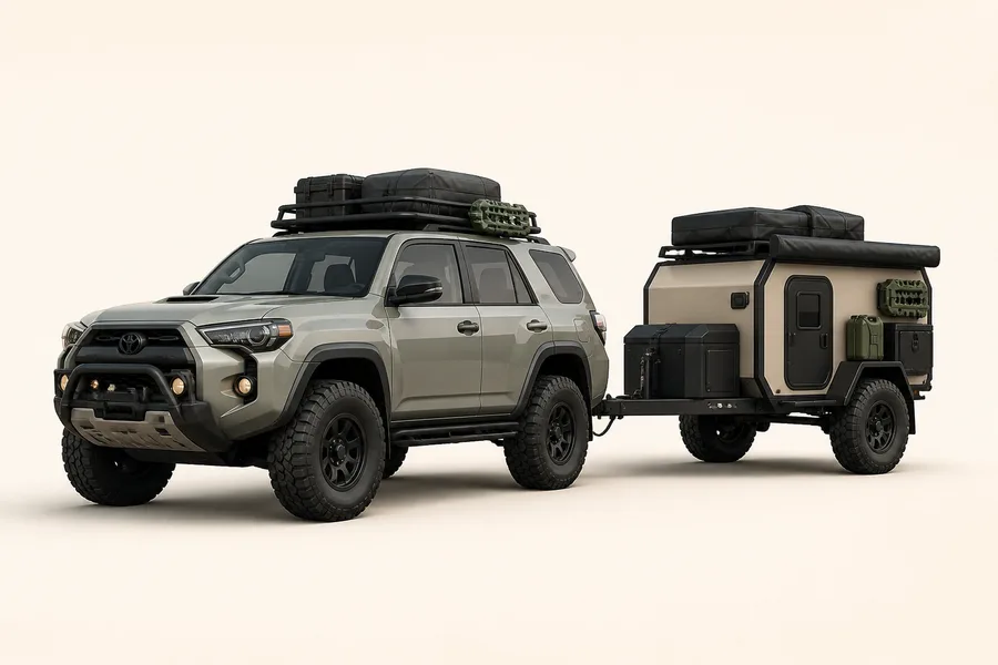 Four-wheel drive towing an off-road camping trailer