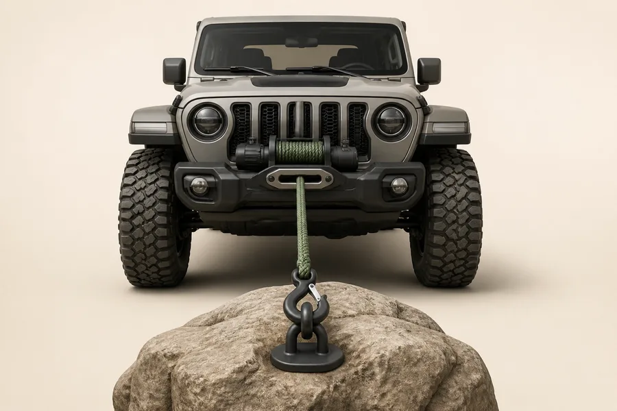 Front winch pulling a recovery line toward a boulder