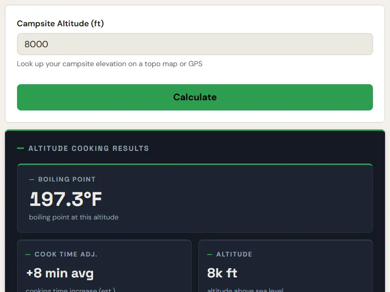 Preview of the embedded Altitude Cooking Calculator