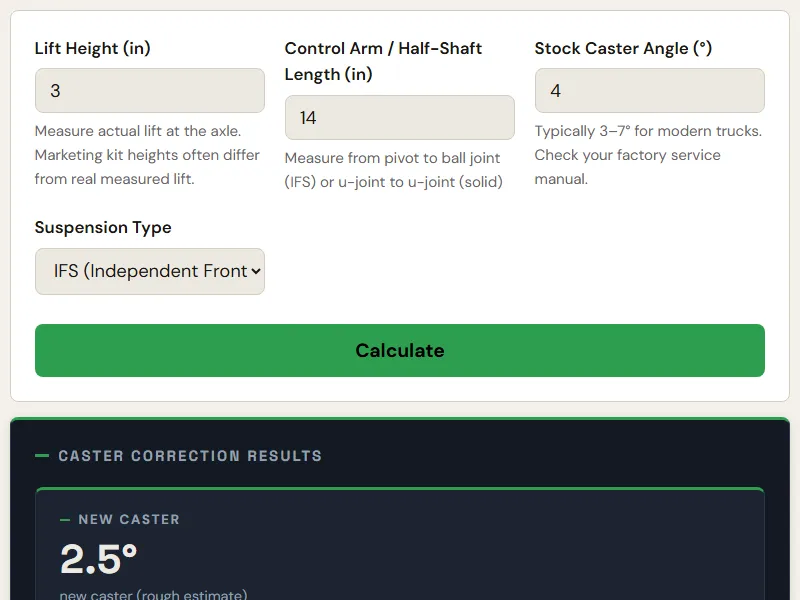 Preview of the embedded Caster Correction & CV Angle Calculator