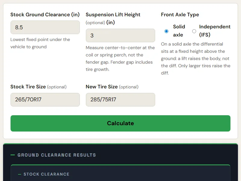 Preview of the embedded Ground Clearance Calculator