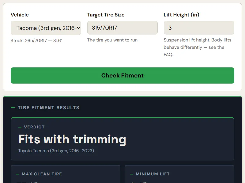 Preview of the embedded Lift Kit Tire Clearance Calculator