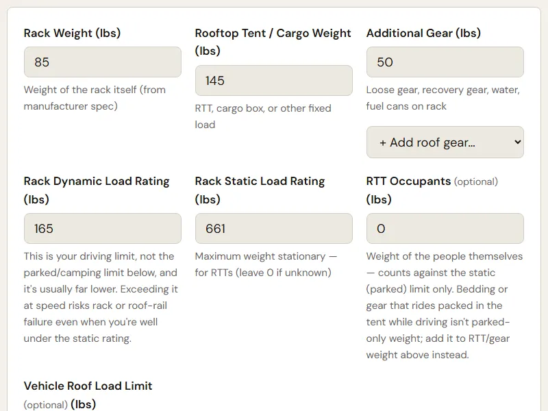 Preview of the embedded Roof Rack Weight & RTT Load Calculator