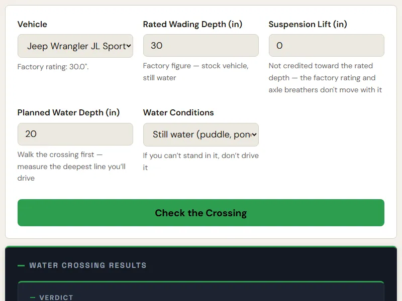Preview of the embedded Snorkel Height & Fording Depth Calculator