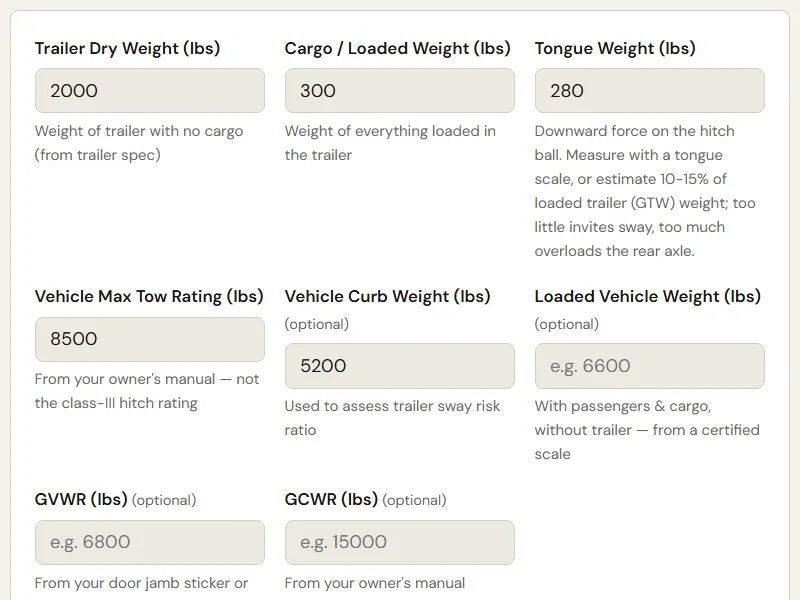 Preview of the embedded Towing Capacity Calculator