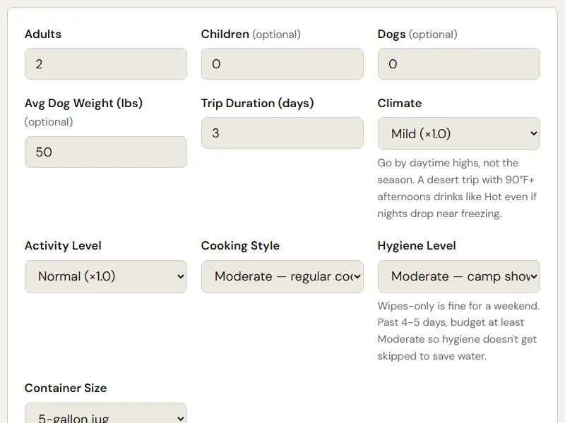 Preview of the embedded Overlanding Water Calculator